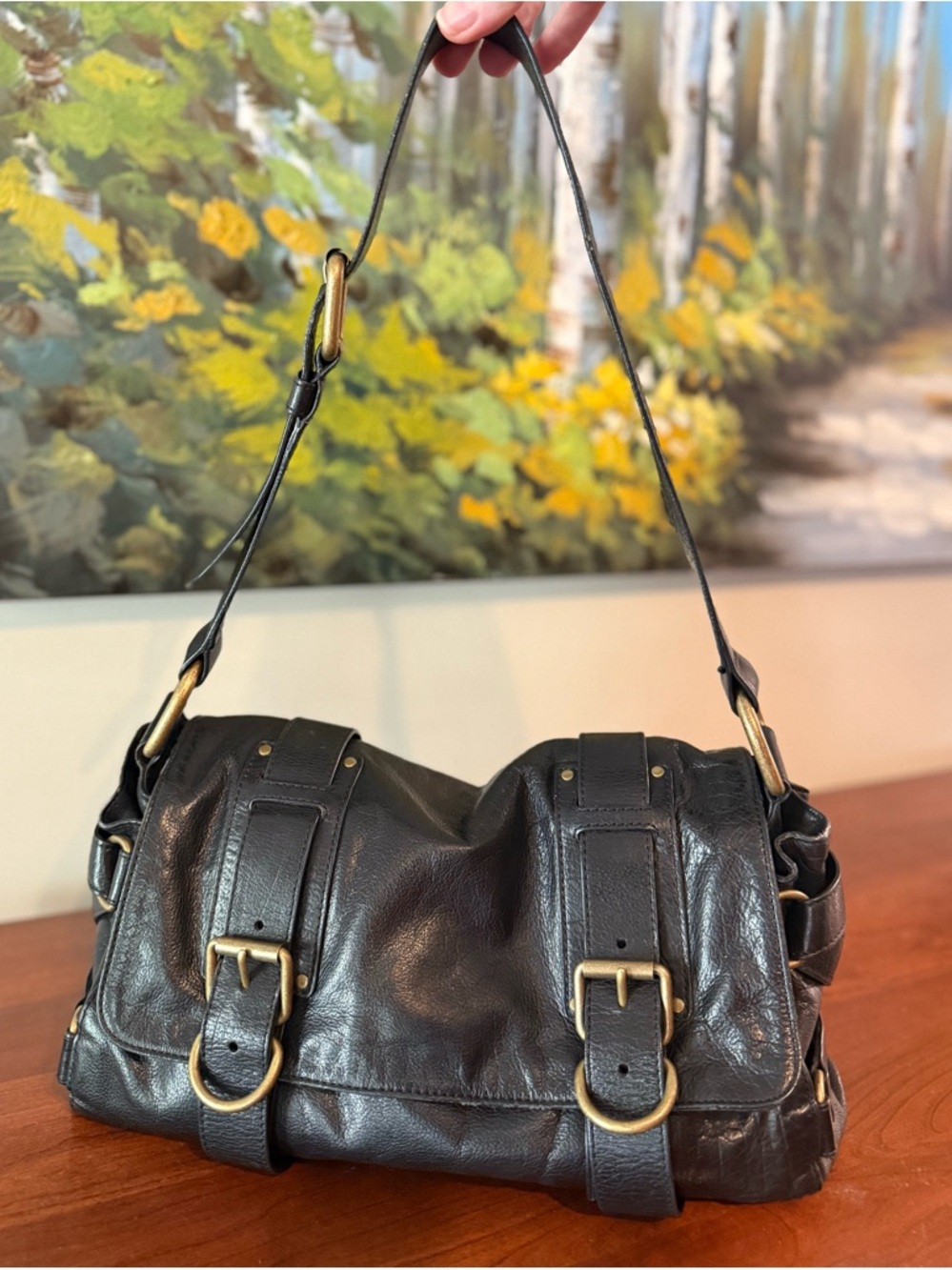 Kooba Black Leather Shoulder Bag • Y2K Buckle • Slouchy Flap • Brass Hardware